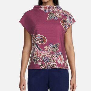 Investments Knit Raspberry Paisley Short Sleeve High NeckOttoman Top L
